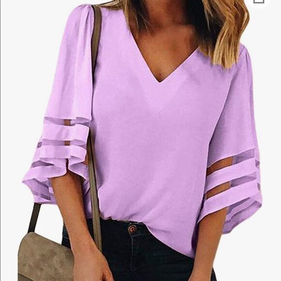 Women's Off Shoulder 3/4 Bell Sleeve Chiffon Blouse Mesh Tops Casual Mesh Red - Picture 1 of 2